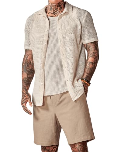 Men's 3 Pieces Outfit Sleeveless Tank Top and Drawstring Waist Shorts Set with Button Down Shirt