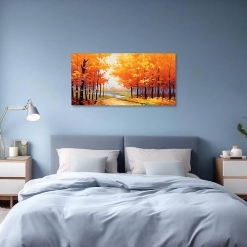 Art mural automne grand tableau 65x130cm pour illuminer un salon sombre avec une forêt orange