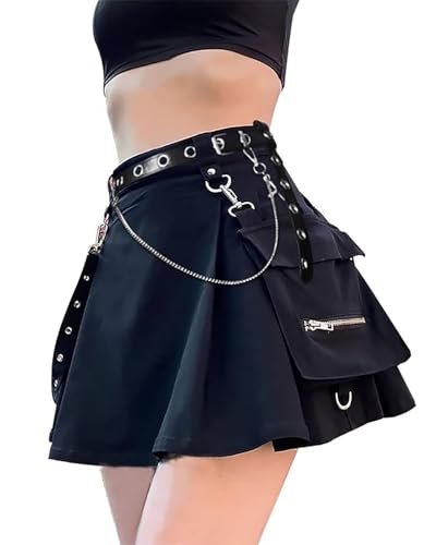 Jupe cargo vintage taille haute pour femme avec poche et ceinture Style gothique Punk Y2k Streetwear, 13-Noir avec Blet, Taille M