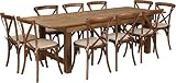Flash Furniture HERCULES Series 8' x 40'' Antique Rustic Folding Farm Table Set with 10 Cross Back Chairs and Cushions