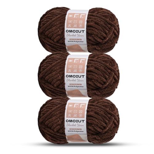 Image of 3 Pack of Coffee Chunky Chenille Yarn for Crocheting, Soft Baby Blanket Yarn, Chunky Knit Blanket Crochet Yarn, #7 Super Bulky, 10.6oz /164 yds Fluffy Velvet Amigurumi Yarn