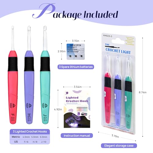 Image of Lewhoo 3 Size Lighted Crochet Hook Set, Illuminated Crochet Hooks with Replacement Battery, Led Set with Case for Crocheters 4.0mm, 5.0mm, 6.0mm