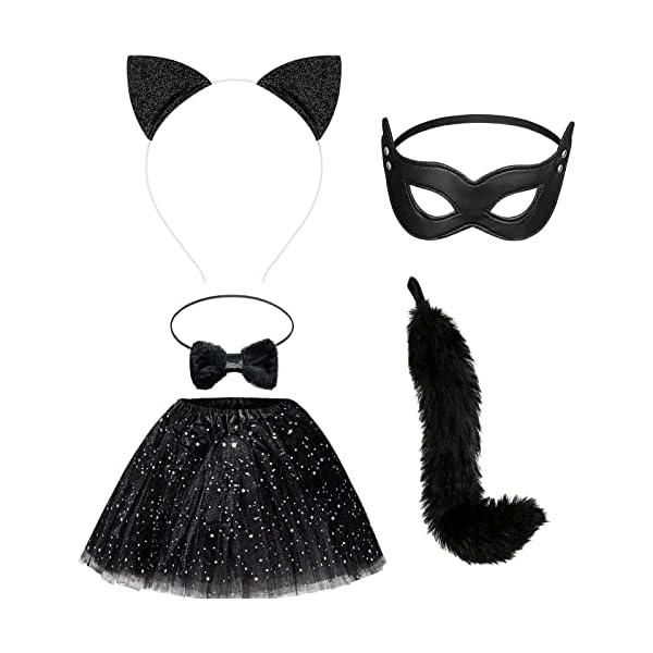Chalyna 5 pcs black cat costume set girls cat costume long fur cat tail cat ears headband cat tail cat bow harlequin mask with black star tutu skirt for halloween costume dress up party