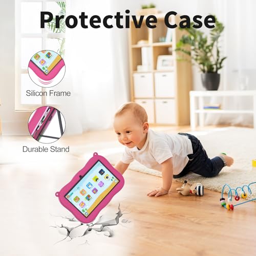Image of VASOUN 7 inch Kids Tablet with Strap, Android 13 with 32GB Toddler Tablet,WiFi, Dual Camera,Time Limits, Age Filters,Parental Controls,Kids Software Pre-Installed with Silicone Case (Pink)