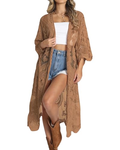 Bsubseach Women Brown Mesh Cardigan Bikini Beach Kimono Open Front Swimsuit Cover Ups Swimwear