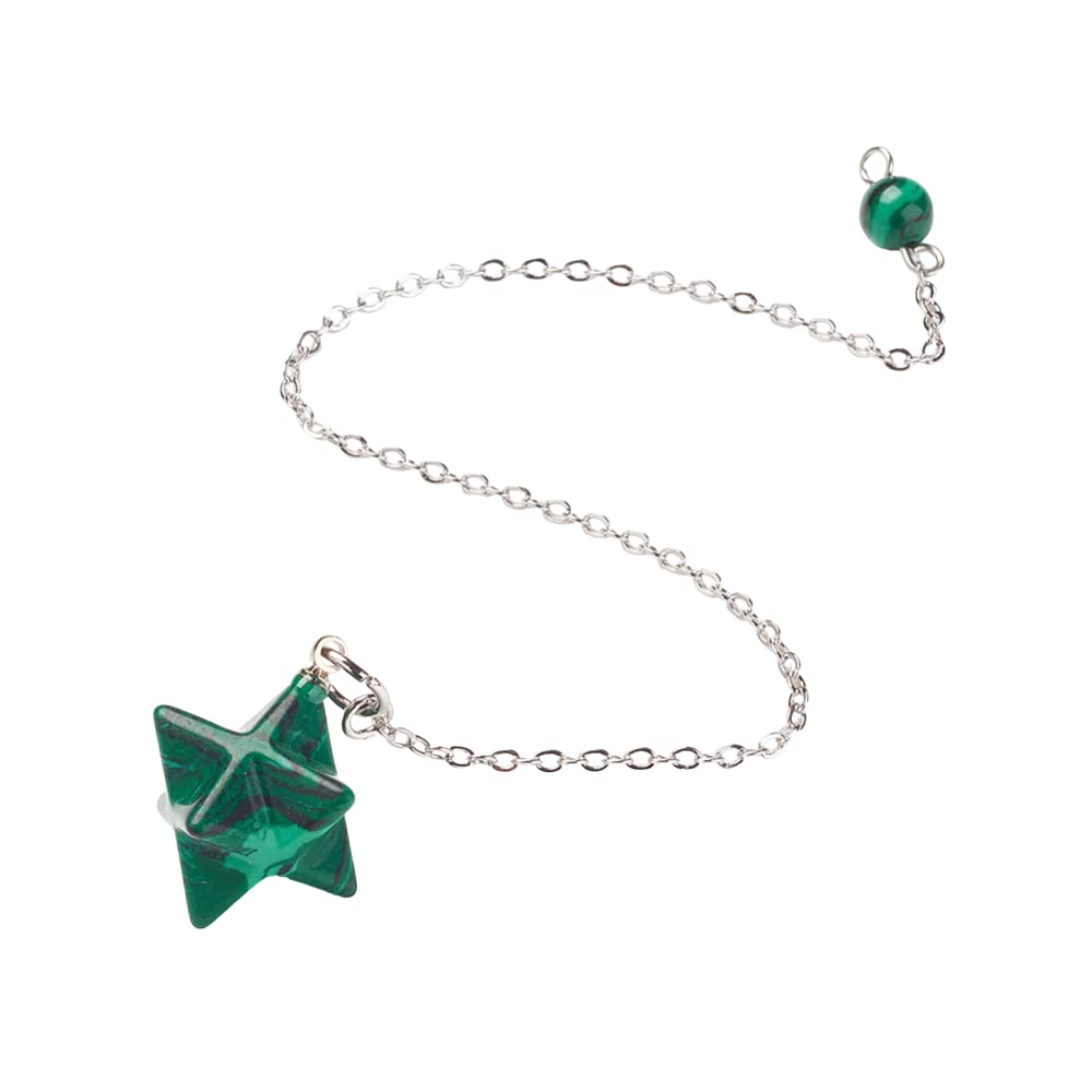 VIE Chakra Merkaba Star Pendulum, Malachite (Stabilised) with Brass Chains, One