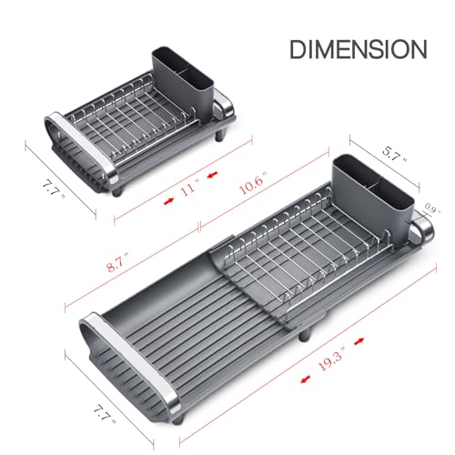 TOOLF Small Dish Drying Rack, Mini Expandable Compact Dish Rack, Slim Extendable Stainless Steel Dish Drainer for Kitchen Plate Storage, Space Saving Dish Strainer in Sink or on Home Countertop, Gray