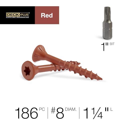 Image of Deck Plus 1-1 /4 Inch Epoxy Coated Exterior Wood and Fence Screws #8 x 1-1 /4 inch Torx /Star Drive Included Coarse Thread, Outdoor Rust Resistant Decking Screw, Red, 1lb Box, 186 Pieces | 48424