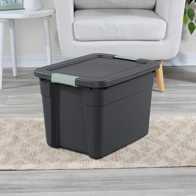 Sterilite 6 Pack Latch Tote, Stackable Plastic Storage Container, 12 Gallon, Gray/Green