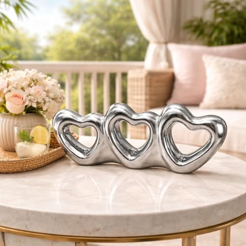 Image of Xtore Triple Heart Metallic Ceramic Sculpture for Home Decor, Modern Romantic Tabletop Accent