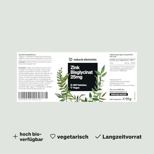 natural elements Zink 25mg – 365 Tabletten – gut verträgliches Zinkbisglycinat (Zink-Chelat) – vegan, hochdosiert, ohne unnötige Zusätze – in Deutschland produziert & laborgeprüft 5