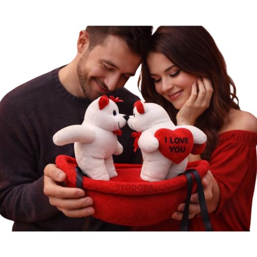 Image of Teddy Bear Couple on Boat Soft Toy for Girls Boys Kids, Heart Plush Stuffed Baby Gift Birthday, 28 cm