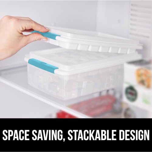 GORILLA GRIP Stackable Ice Cube Tray and Bin Set for Freezer, Includes 2 Trays with Lid and Scooper, Easy Release, Makes 56 Cubes, Cocktail Soda Coffee, Leak Proof Bucket Kit, Kitchen Tool, Turquoise