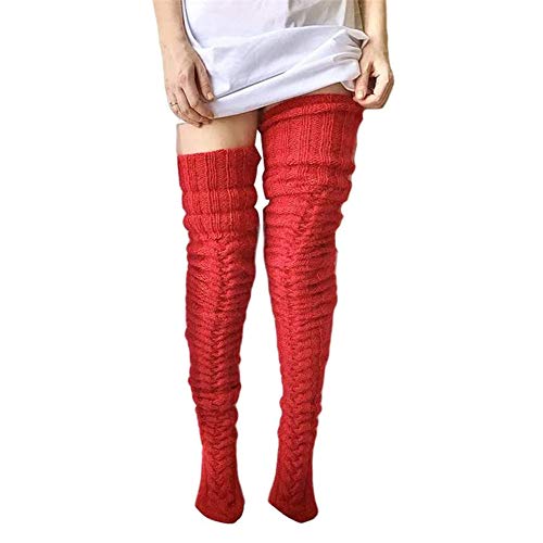 Women's Cable Knit Thigh High Boot Socks Extra Long Winter Stockings Leg Warmers (Red)