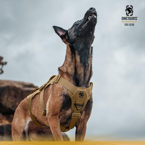 OneTigris Hundegeschirr, T-Bone Taktisches Geschirr mit 2 Griff Ausbruchsicher Einstellbar Brustgeschirr für Hunde Jagd Wandern Trainierung Spaziergang Outdoor-Aktivitäten (Braun, L)
