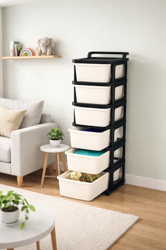Image of KITCHIVO Heavy Duty Plastic Storage Drawer with Wheels | Modular Cabinet for Bedroom, Office, Home or Classroom| Chest of Drawers Organiser for Cosmetics, Kitchen items, Toys (Black & Ivory, 6)