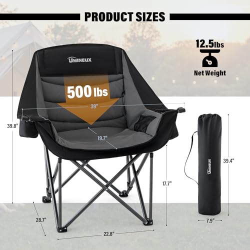 UMINEUX Silla de Camping Plegable para Adultos, Extra Ancha, Soporta 500 lbs, Tapizada, Portátil, 2 Piezas, Negro y Gris miniatura 3