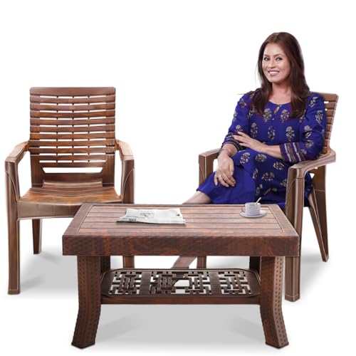 Image of MAHARAJA Heavy-Duty Plastic Chairs & Table | Set of Chairs with Elegant Table | Premium Design, Ideal for All Seasons (Teakwood, 2 Chair+1 Table)