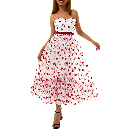 Women Love Heart Tulle Dress Sexy Off Shoulder Long Dress Layered Puffy Tube Dress Valentine's Day Date Night Dress (White, Large)