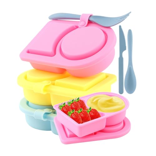 Reusable Snack Containers with Lids,3 set Silicone Snackle Box Container with Knife Fork Spoon,Double Compartment Lunchable Container, Food Snack Box for Travel,Office,Picnic