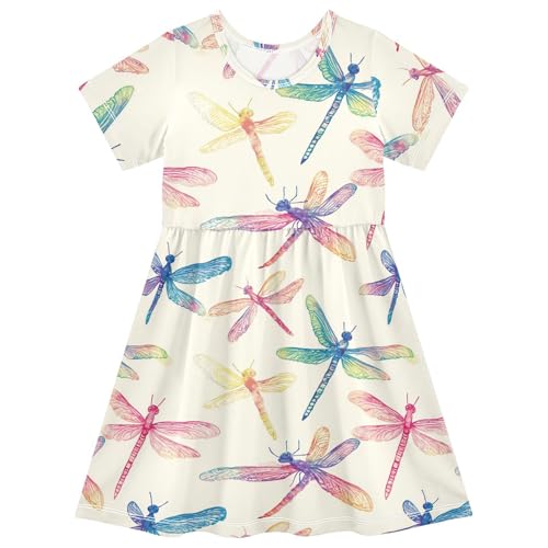 ALAZA Girls' Dresses Colorful Dragonflies Short Sleeve Dresses