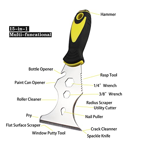 Multi-Painter's Stainless Steel Tool Spealloy Paint Scraper, Taping Knife,3 In. Putty Knife 15-In-1 Paint Scraper Hammer Head Soft Grip Handle Fixed Multi-Tool For Wood, Wallpaper Grout #TOP3