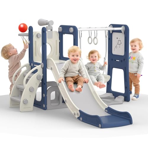 hoopyosms 8-in-1 Scivolo e Altalena per Bambini con Lavagna Bianca, Canestro da Basket, Telescopio, Sbarre e Anelli da Ginnastica, Parco Giochi Interno Esterno per Bambini(Blu)