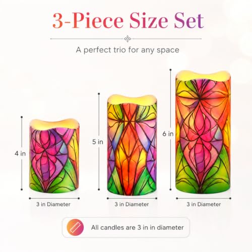 Image of Flameless Candles with Remote Timer, 3 Pack Stained Glass Pattern LED Pillar Candles, 3 inch x 4 /5 /6 inch, Warm White Flickering, Battery Operated for Christmas Wedding Home Decor