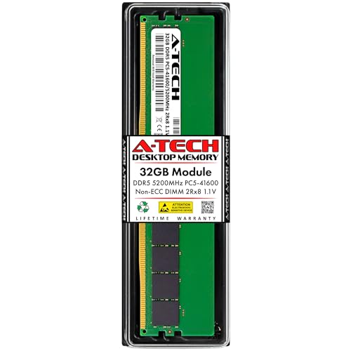 Image of A-Tech 32GB DDR5 5200MHz PC5-41600 CL42 UDIMM 2Rx8 Dual Rank 1.1V Non-ECC Unbuffered DIMM 288-Pin Desktop PC /Computer RAM Memory Upgrade Module