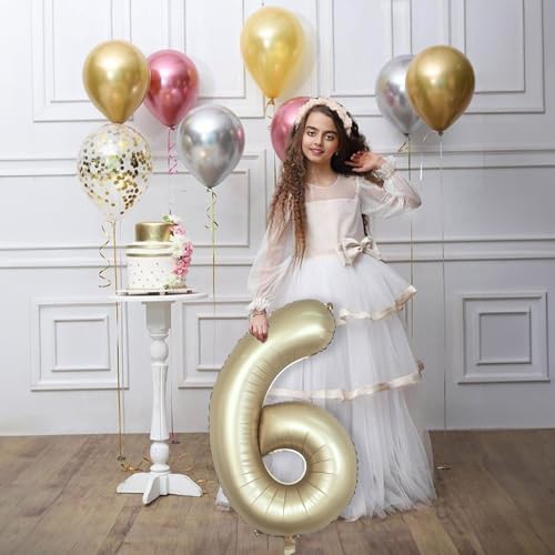 Image of 40 Inch Balloon Number 6 Champagne Gold, Large Foil Metallic Light Gold 6 Balloon Number for Women, Globos de Numero Helium Balloons for Girl Boy 6th Birthday Anniversary Graduation Party Decorations