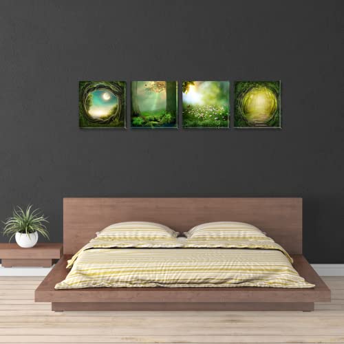 Green Forest Wall Art Prints Funny Wonderland Canvas Paintings 4 Pieces Nature Landscape Pictures Fairyland Artwork For Nursery Living Room Bathroom 12"X12" #TOP4