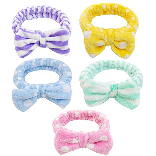 AUEAR, 5 Pcs Bow HeadBands Soft Carol Fleece Hairlace Hair Band for Makeup Cosmetic Facial Shower Spa Elastic Hair Band for Girls Women Yellow Blue Green Purple Pink