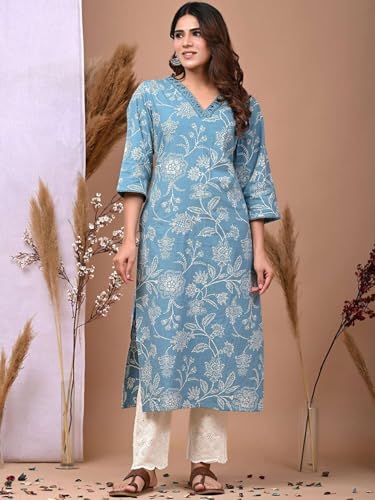 Image of Rimeline Women's Cotton Printed Kurta with Embellished V-Neck Design | Straight Fit Ethnic Wear for Office, Casual & Daily Use