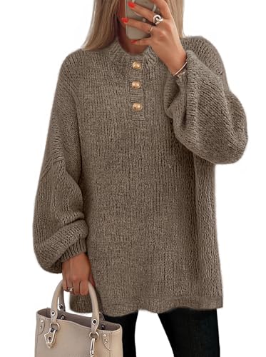 MEROKEETY Women's 2025 Fall Oversized Sweaters Chunky Long Lantern Sleeve Buttoned Mock Neck Winter Knit Loose Pullover Tops