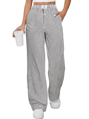 ANRABESS Womens Striped Gingham Pants 2025 Pajama Lounge Boxer Pants Cute Comfy PJ Bottoms with Pockets Y2K Plaid Outfits Black White Stripe Small