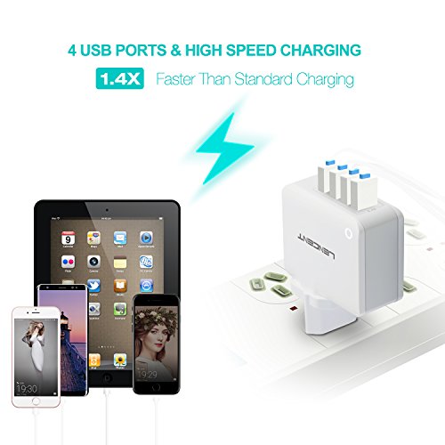 lencent chargeur usb multiple, 4 ports prise usb secteur internationale, 5v/4.4a adaptateur prise anglaise/europe/americaine/australie avec technologie smart ic pour iphone, ipad, smartphones et plus