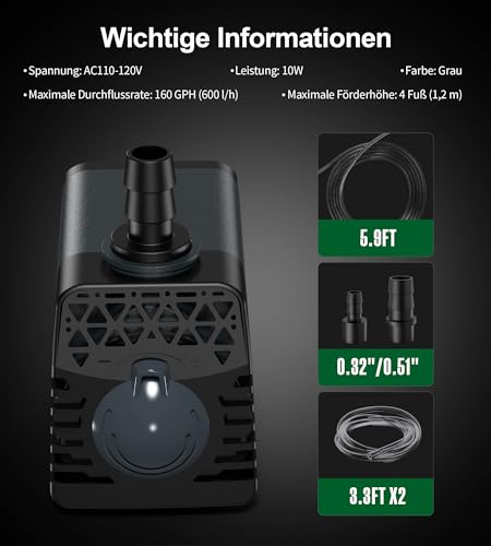 Ankway Ankway Springbrunnenpumpe 10W 600L/H vor überhitzung Funktion ltra Leise Aquarium pumpe Mit 1,8m Kabel & 2 Düsen, Mini Wasserpumpen für Aquarien, Teich, Brunnen, Statuen, Hydrokultur-Systeme - Zusatzansicht 4 | Poolpumpen