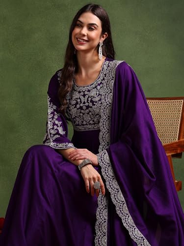 Image of Vaamsi Women's Solid Anarkali Embroidered Kurta With Dupatta