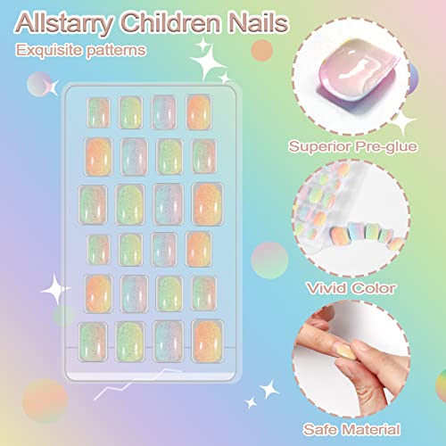 Allstarry 72 Stück Kindernägel zum Aufpressen vorgeklebt vollständige Abdeckung litzer Farbverlauf egenbogen kurze Kunstnägel schönes Geschenk für Kinde Mädche Nagelkunst - Regenbogen Glitzer