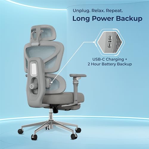Image of The Sleep Company Tranquo Massager Ergonomic Office Chair | Patented SmartGRID Seat | Kneading Lumbar Massager | 2D Headrest | 7D Armrests | 135 Recline, Chrome Wheelbase | Free Installation | Grey
