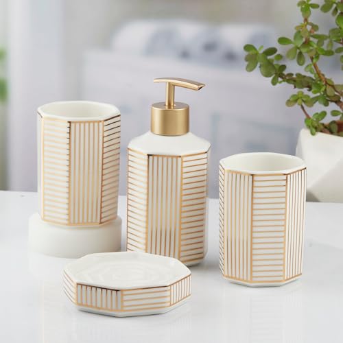 Image of SaSaSa Ceramic Bathroom Accessories Set of 4 Modern Bath Set with Soap Dispenser & Toothbrush Holder, Luxury Home & Gift Idea, White /Gold (10388)