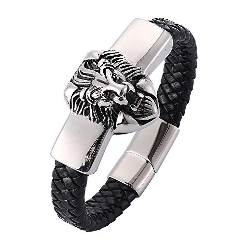 Preisvergleich Produktbild HkFcle Schwarz hochwertiger Lederarmband, Löwenkopf Edelstahlarmband, Schmuck Herren-Armband