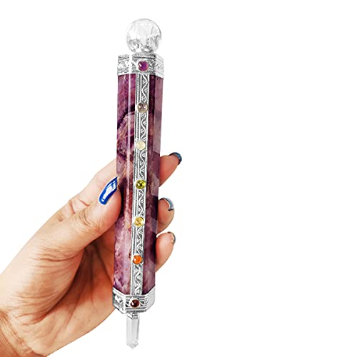 Image of Amethyst Seven Chakra Wand with Crystal Ball Stone for Spirituality,Healing,Amethyst Wand Embellish with Seven Chakra Stone-Purple