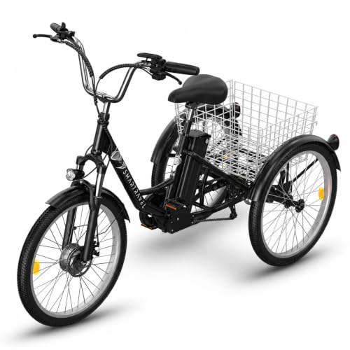 SMARTRAVEL Elektro-Dreirad für Erwachsene Senioren, 250W 36V 18Ah 40+ km Reichweite, 7-Gang Shimano LCD-Display, PAS Pedalunterstützung Vorderradfederung Großer Korb 24' Reifen