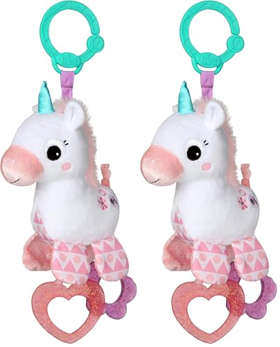 Image of Bright Starts Unicorn Sparkle & Shine Plush Take-Along Stroller or Carrier Toy, Ages 0 Month+, Pink (Pack of 2)