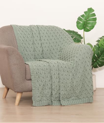 Image of Pluchi Kelly Knit Cotton Knitted Textured All Season AC Throw Blanket for Sofa (Luxurious,125cm X 150cm, 49 x 59 Inches) (Lily Pad Blue)