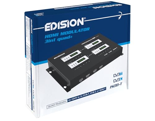 EDISION HDMI Modulator 3in1 Quad+, RF Modulador 4X HDMI a terrestre DVB T, ISDB T o Cable DVB C, 3 SEÑALES de modulación SELECCIONABLES, Distribución Full HD sobre Cable Coaxial, Plug and Play