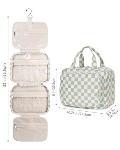 Image of Narwey Large Hanging Toiletry Bag Travel Makeup Bag Cosmetic Organizer for Women and Girls, Z-Mint Green Checkerboard, Medium