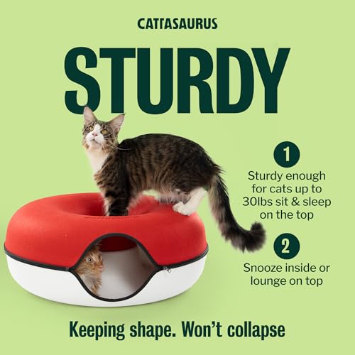 Image of Cattasaurus Peekaboo Cat Cave, Extra Spacious for Multiple & Large Cats 12+ lbs, Scratch Detachable Cat Beds for Indoor Cats, Washable Tunnel Bed, Comfy Donut Tunnel (Ruby Snowball, Jumbo)