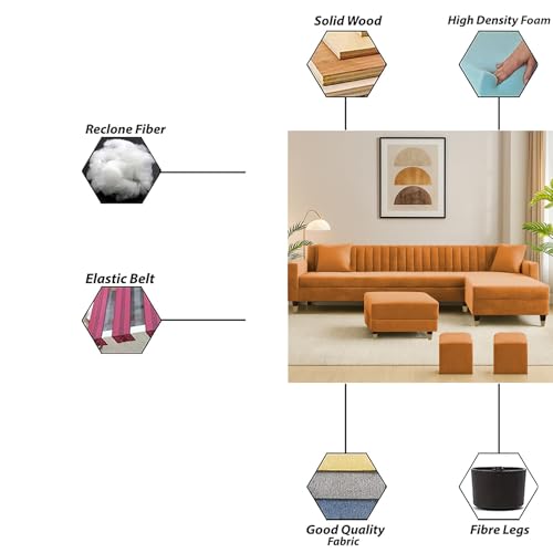 Image of Casaliving Garcia RHS 8 Seater L Shape Sofa Set with Ottoman & 2 Puffy for Living Room (Orange) Premium Fabric Sofa Set